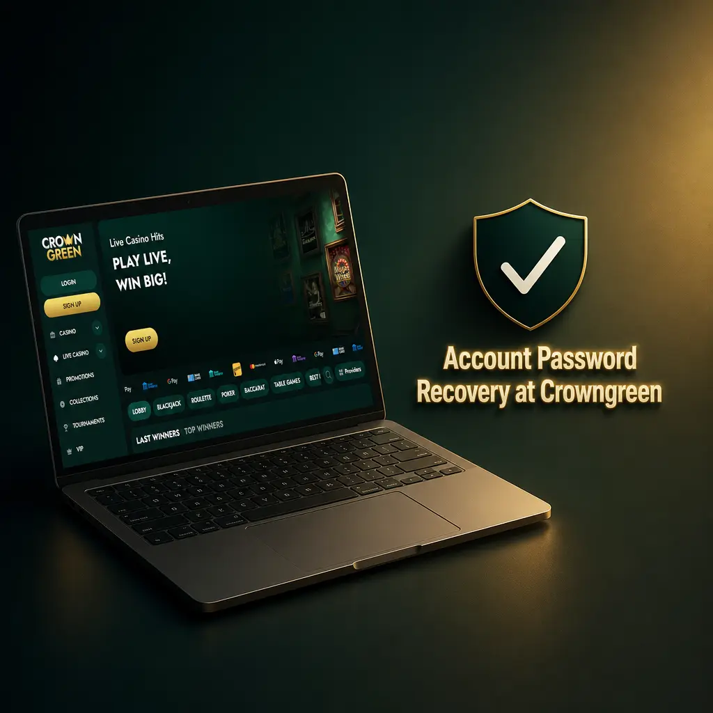 Crowngreen account password recovery steps showing forgot password link, email reset process, and new password requirements