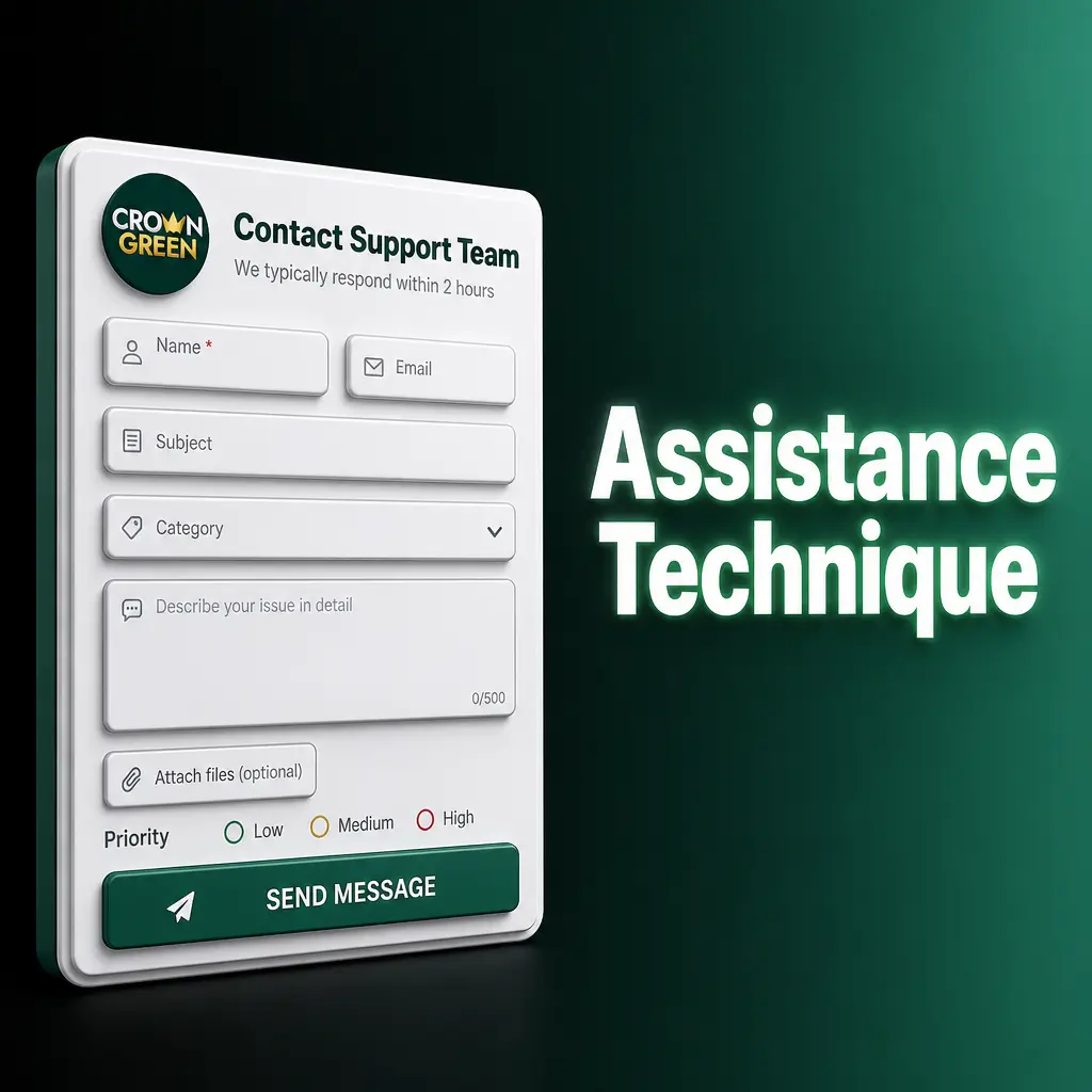 Agent d'assistance technique Crowngreen résolvant des problèmes de connexion, transactions et compatibilité sur plateforme