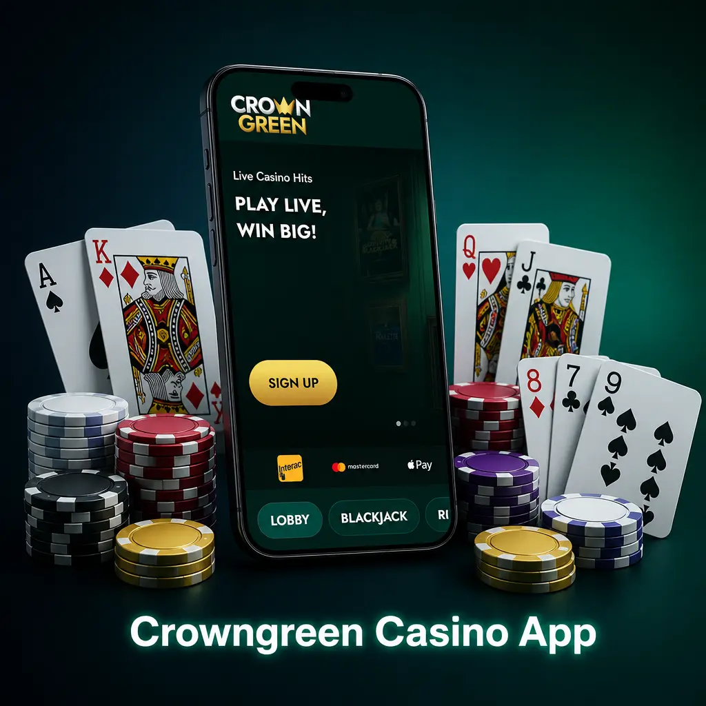 Crowngreen Casino app home screen showing live events, featured slots, and casino games from Evolution, Pragmatic Play, NetEnt