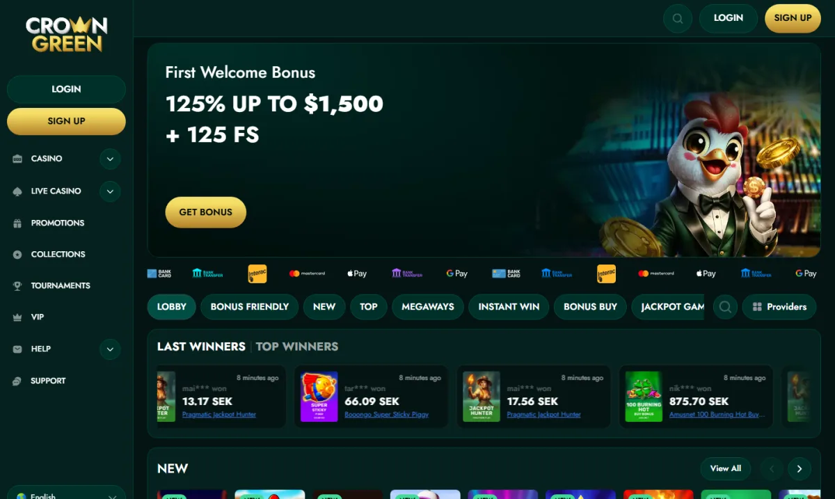 Page d'accueil du casino CrownGreen pour le Canada avec la bannière du bonus de bienvenue