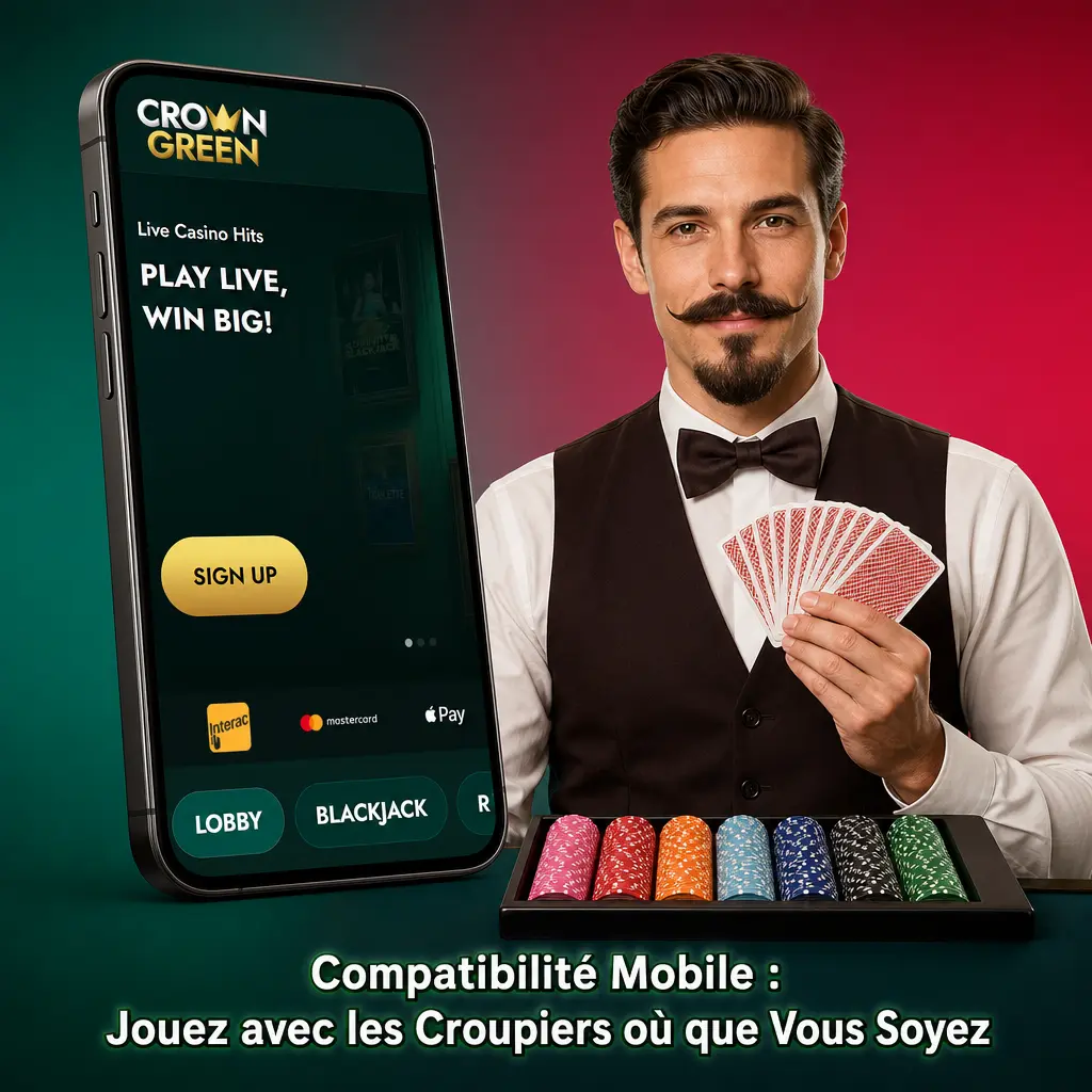 Application Crowngreen mobile iOS Android tables en direct HD croupiers chat 4G Wi-Fi interface verticale optimisée