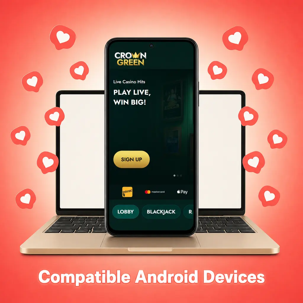 Compatible Android devices for Crowngreen app including Samsung Galaxy, Google Pixel, OnePlus, and Motorola models