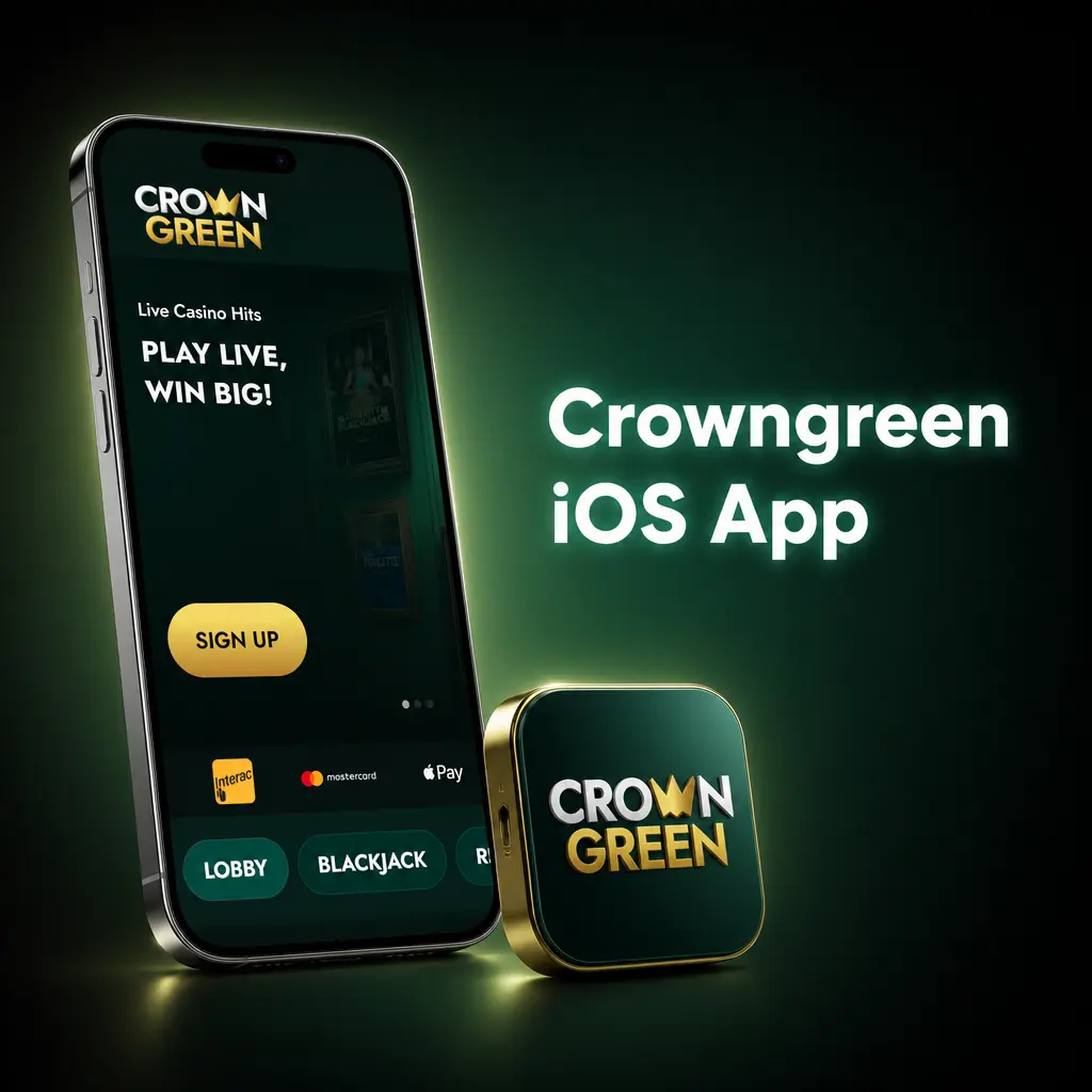 Crowngreen iOS app interface on iPhone and iPad showing betting markets, casino games, and promotions