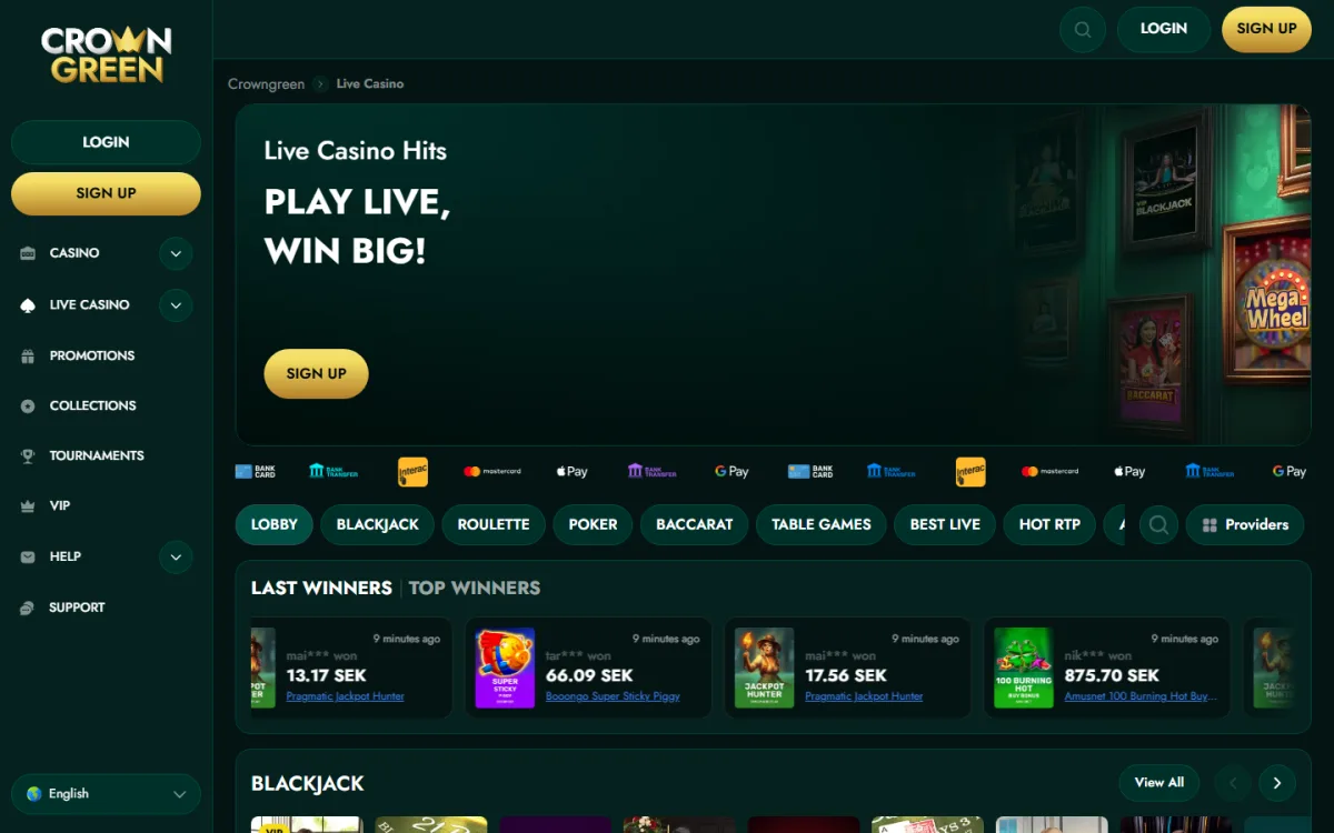 Live casino lobby at CrownGreen with dealer tables
