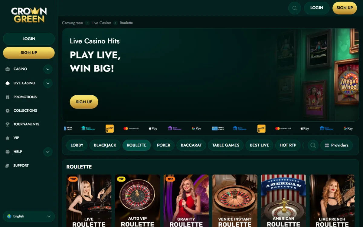 Live roulette tables at CrownGreen with real dealers