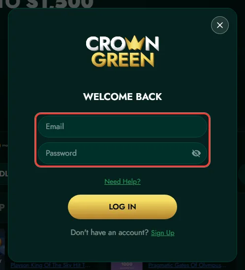 Email and password fields in the CrownGreen login form