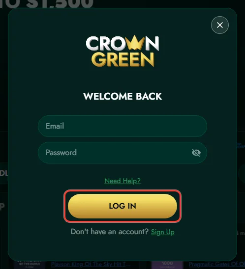 Log in button in the CrownGreen account form
