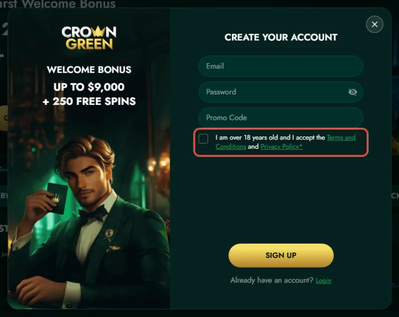Age confirmation checkbox in the CrownGreen registration form