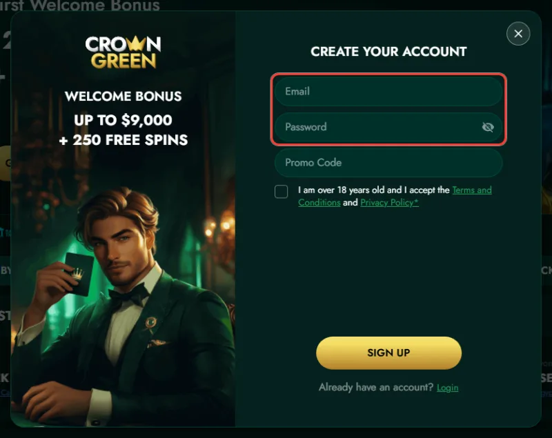 Email and password fields in the CrownGreen registration form