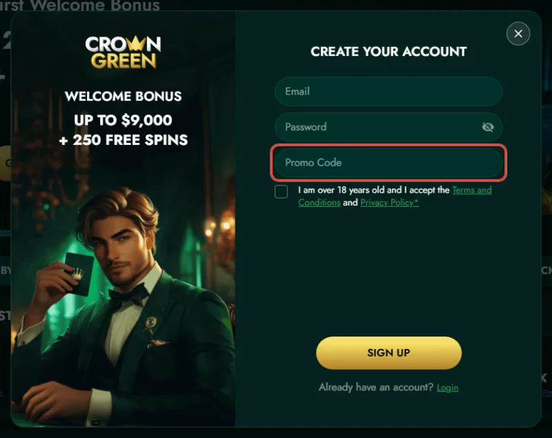 Promo code field in the CrownGreen sign up form