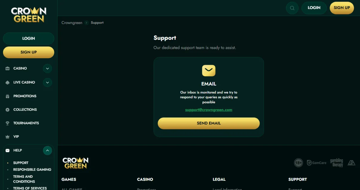 Support page at CrownGreen with contact options