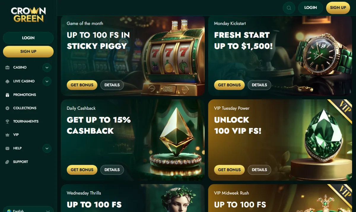 Weekly free spin promotions and daily cashback at CrownGreen