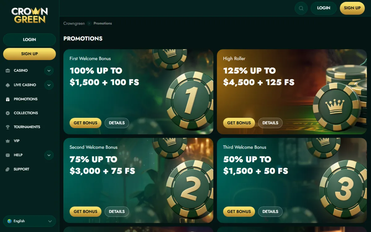 Welcome deposit bonuses at CrownGreen shown in Canadian dollars