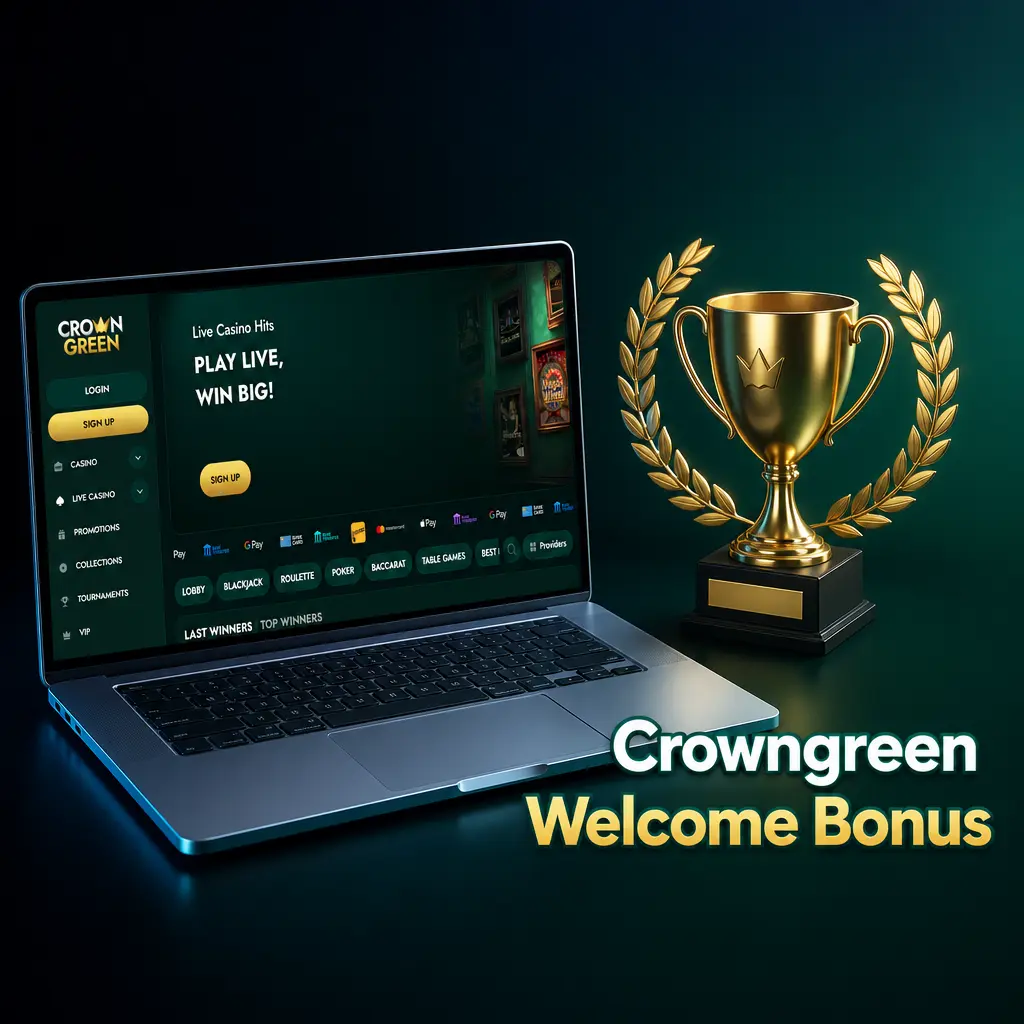 Crowngreen welcome bonus table showing 100% match up to CAD 1,500 plus 100 free spins with 35x wagering requirements