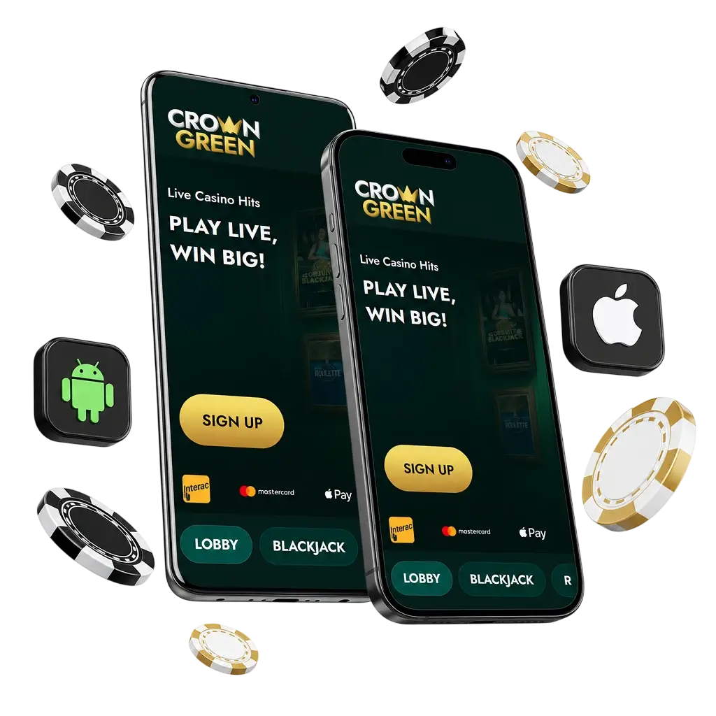 Crowngreen app download for Android APK and iOS with 100% welcome bonus up to CAD 1,500 plus 100 free spins