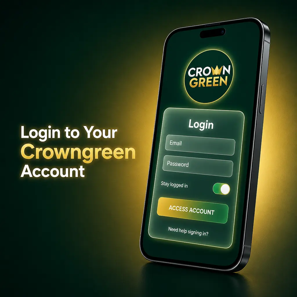 Crowngreen account login screen showing email, password fields and two-factor authentication steps on desktop and mobile app