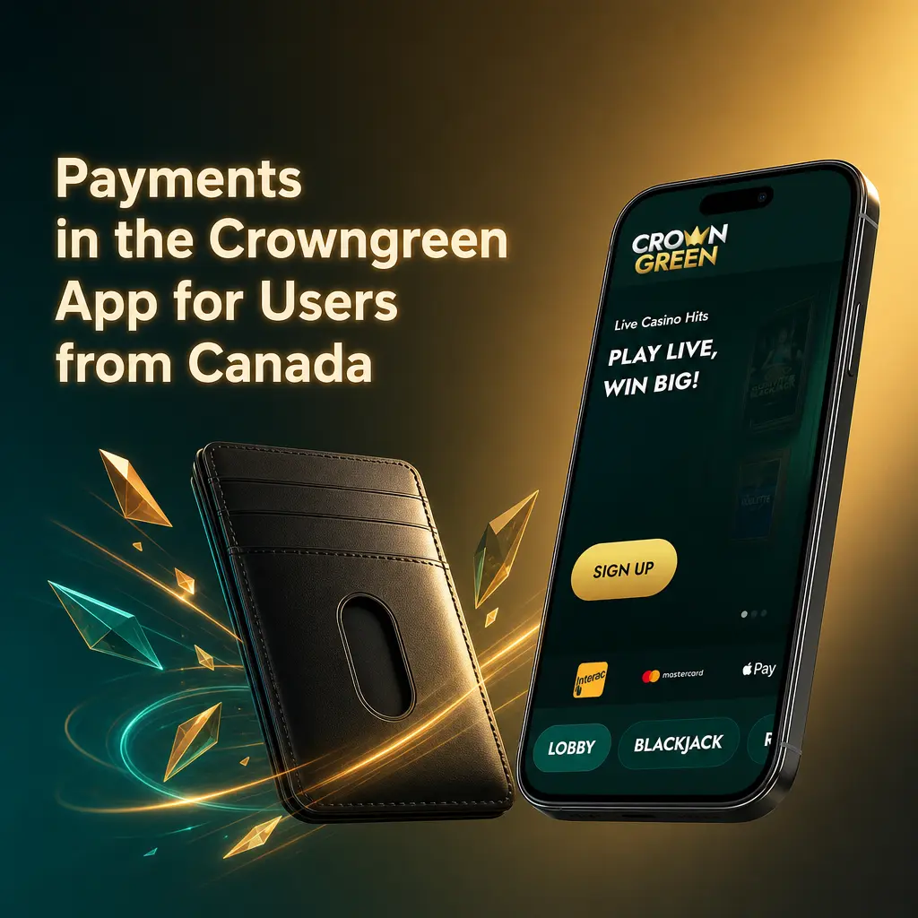 Crowngreen app payment methods for Canadian users including Interac, VISA, Mastercard, Skrill, and Apple Pay