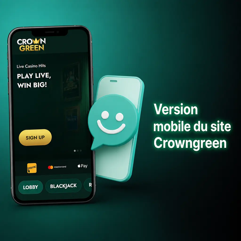 Site mobile Crowngreen accessible sur smartphones et tablettes, offrant paris sportifs et casino en direct sans téléchargement